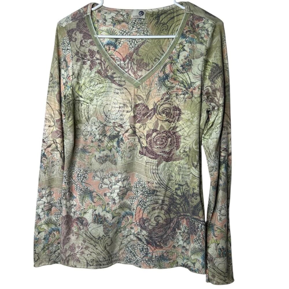 vintage Y2K 2000s retro Floral V-neck long sleeve top with rhinestone roses - Picture 2 of 6